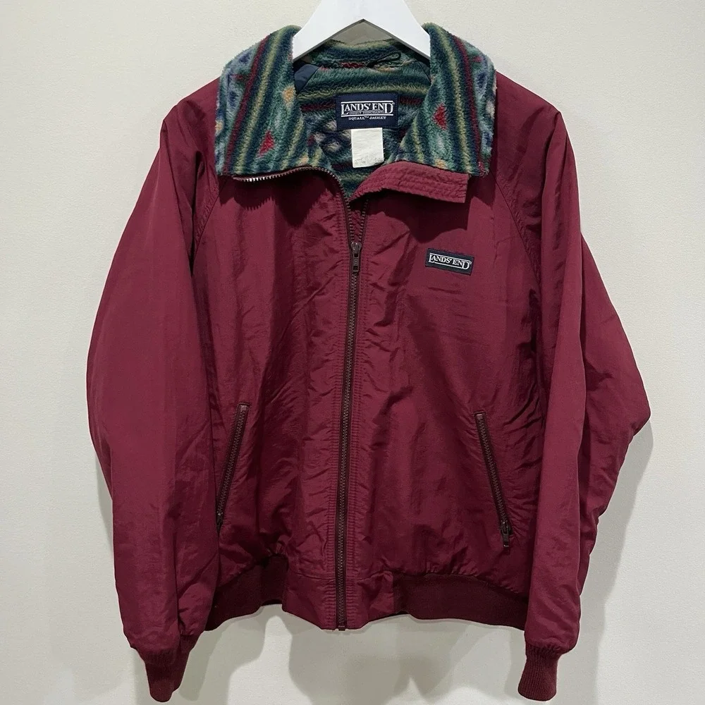 Vintage Lands End Squall Jacket Mens XL Burgundy Fleece Aztec Lined 90s Y2K - Picture 2 of 6